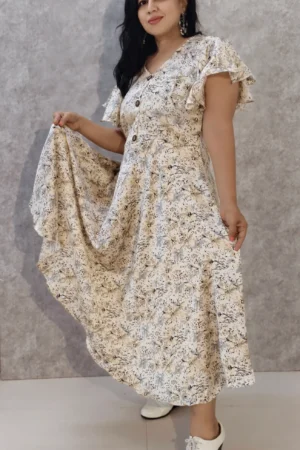 Printed Satin Midi Dress with Umbrella Sleeves