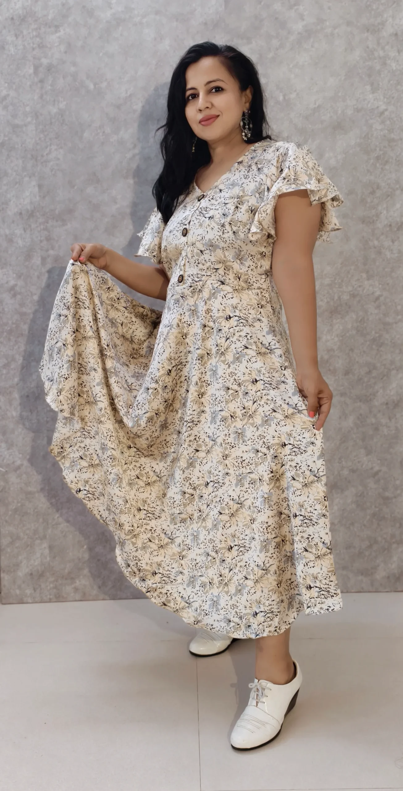 Printed Satin Midi Dress with Umbrella Sleeves