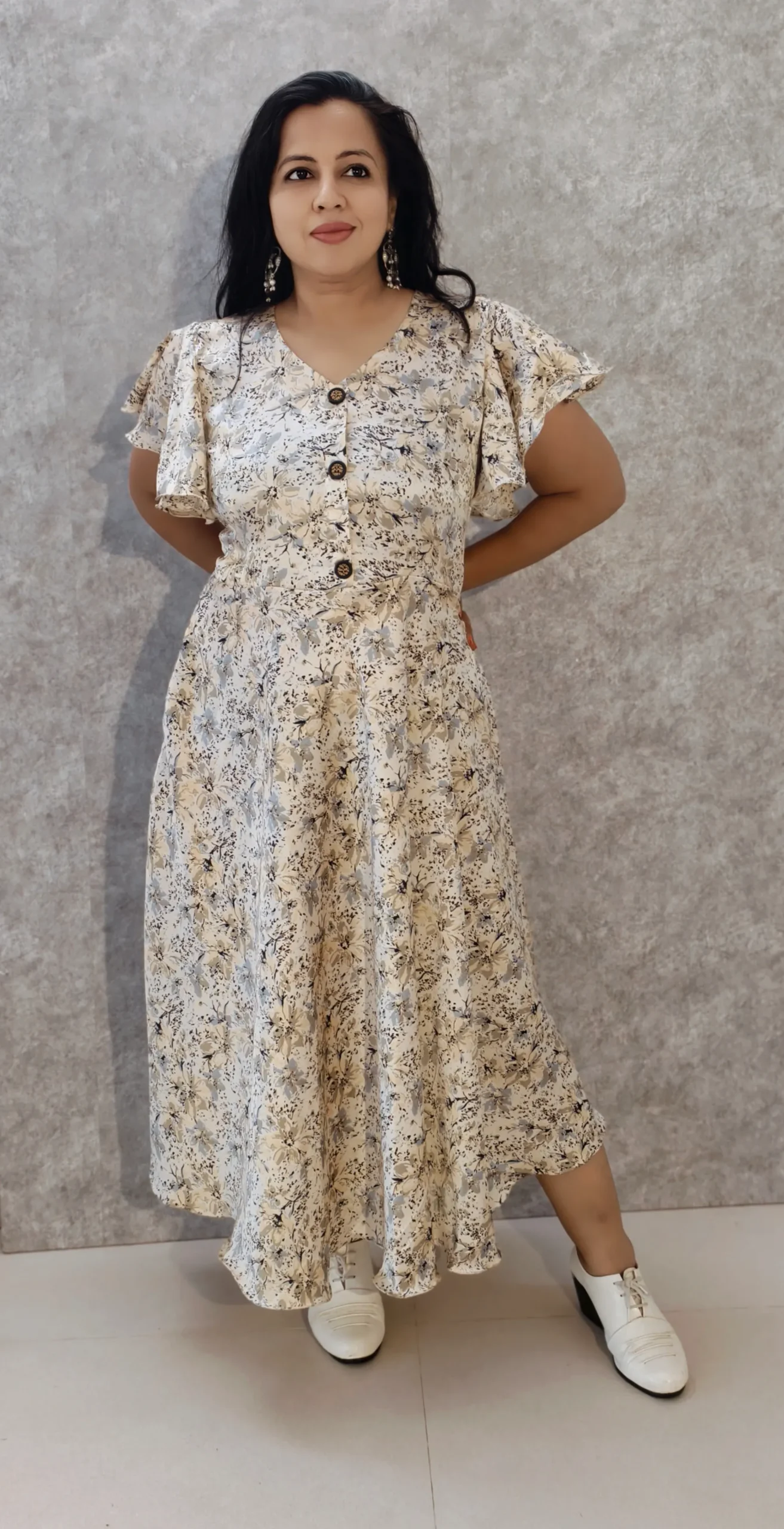 Printed Satin Midi Dress with Umbrella Sleeves