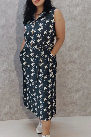 Denim Midi Dress with Wing Collar