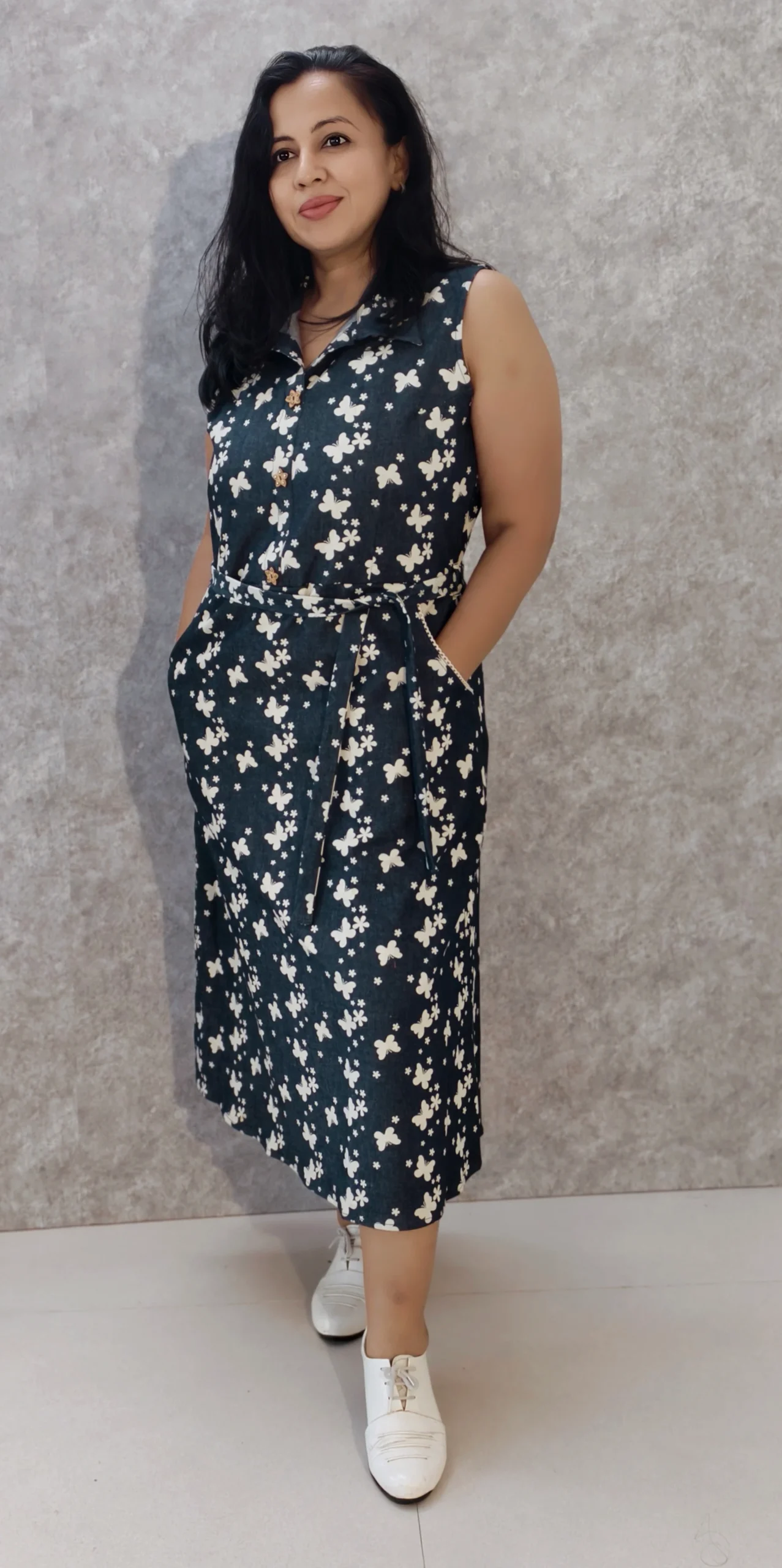 Denim Midi Dress with Wing Collar