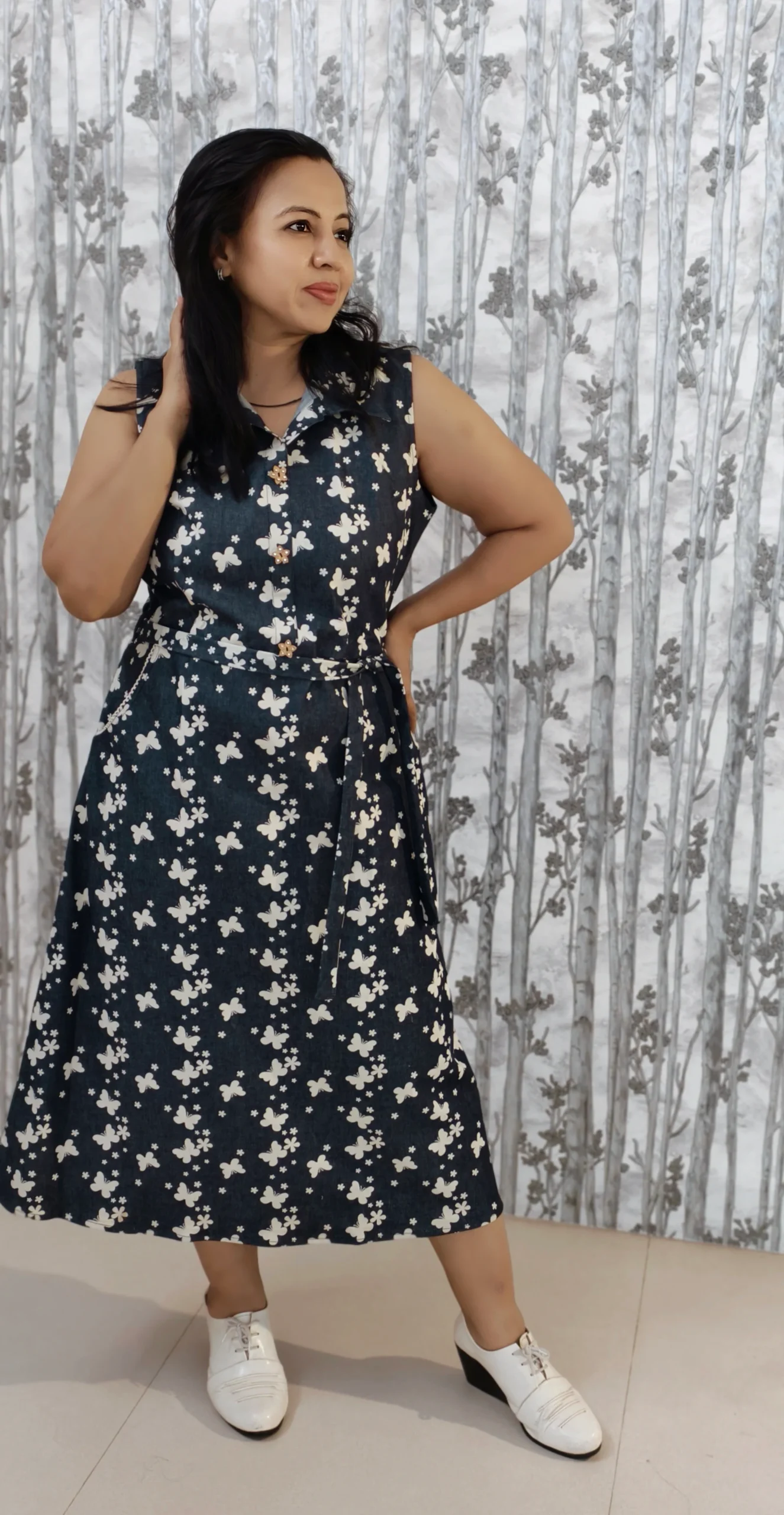 Denim Midi Dress with Wing Collar