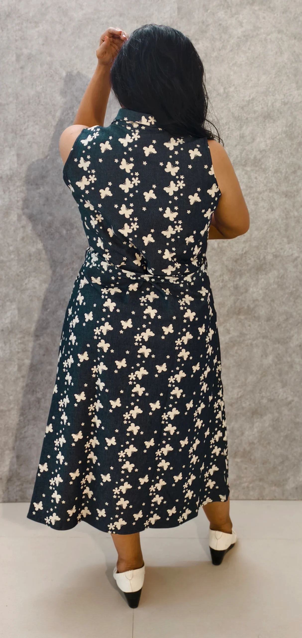 Denim Midi Dress with Wing Collar