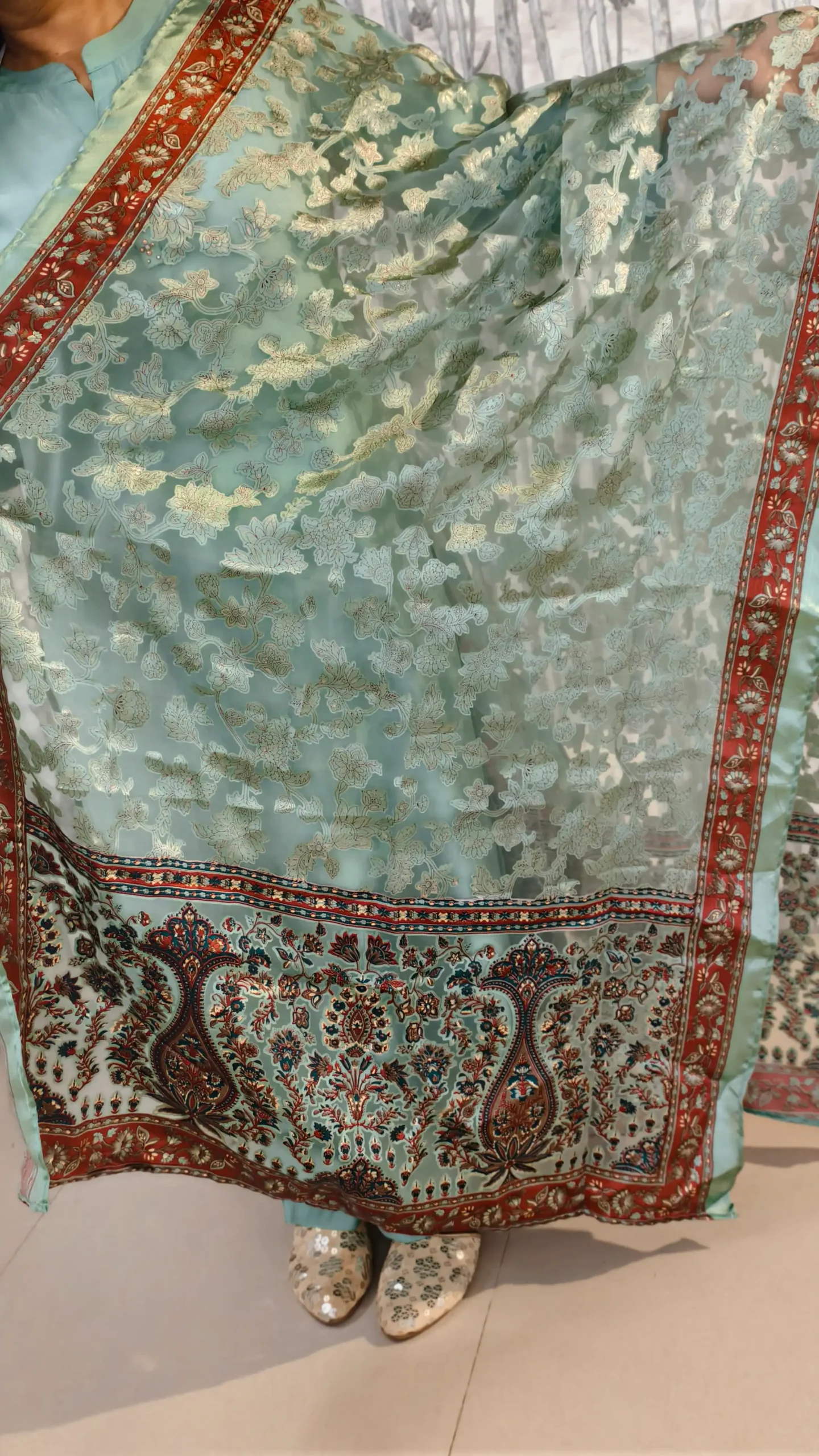Mint Elegance Poly Cotton Coord Set with Brasso Dupatta