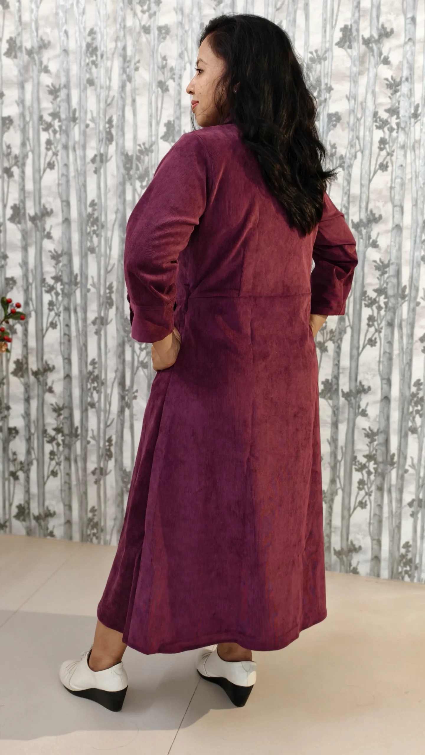 Wine Corduroy Midi Dress – Winter Workwear Essential