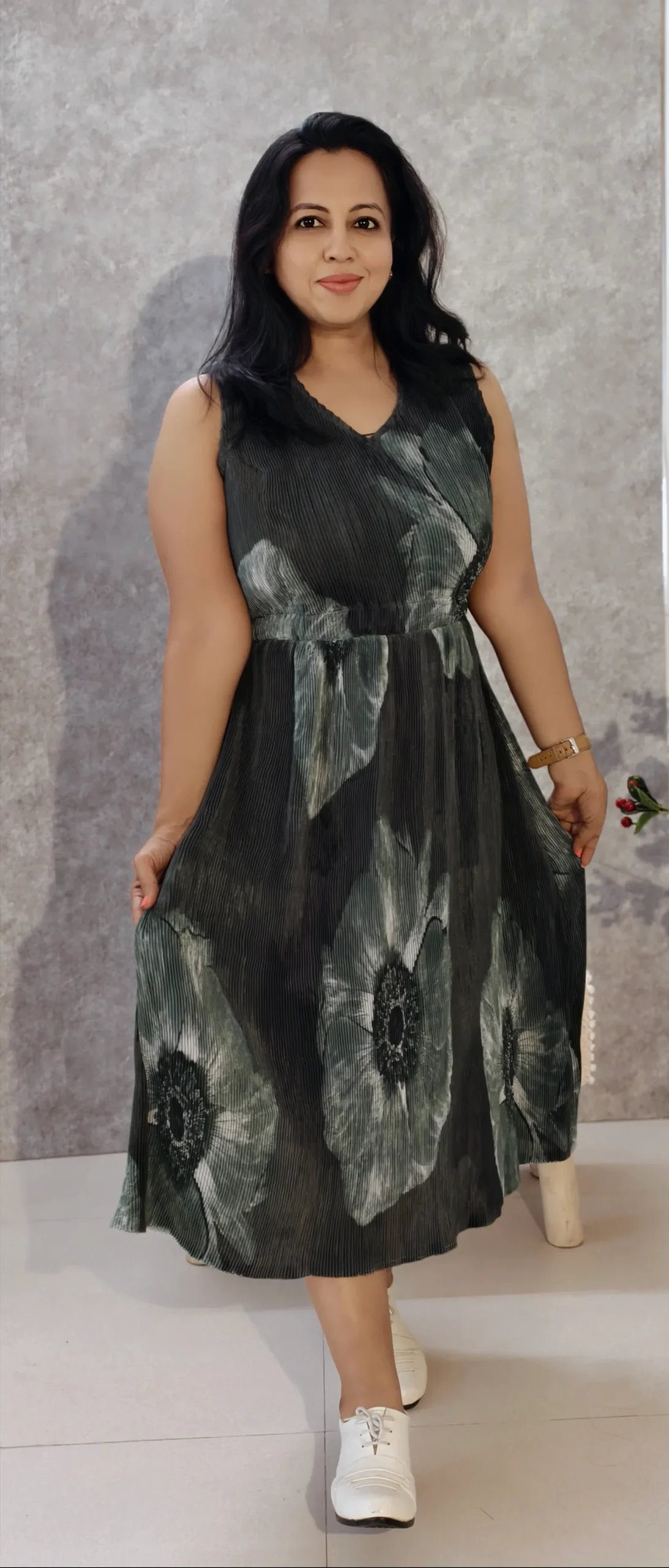 Digital Floral Print Wrinkled Chiffon Midi