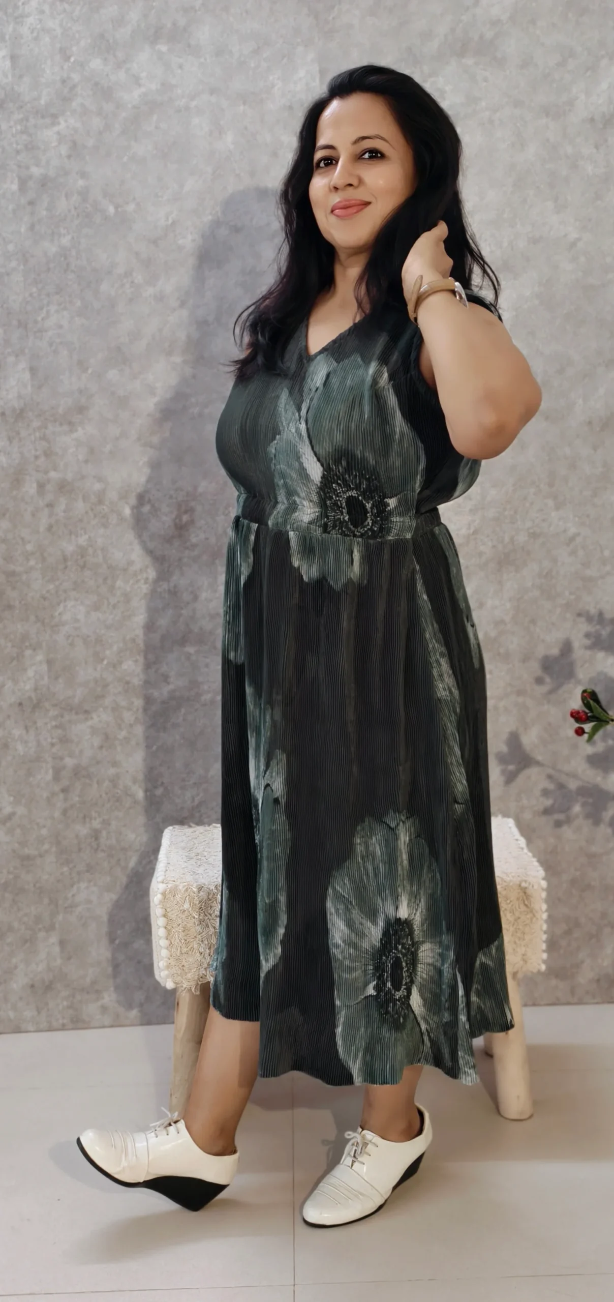 Digital Floral Print Wrinkled Chiffon Midi