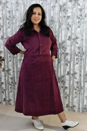 Wine Corduroy Midi Dress – Winter Workwear Essential