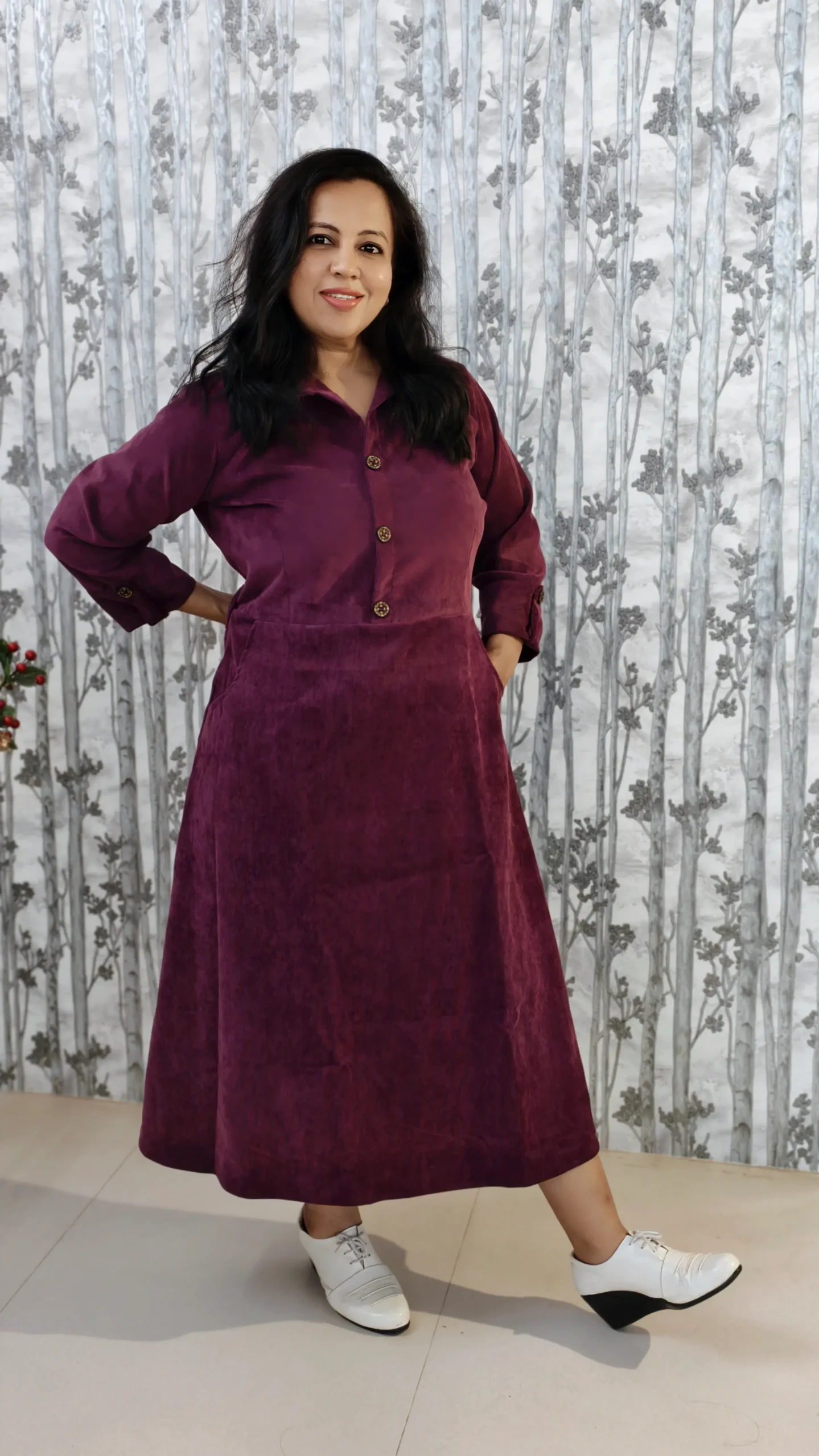 Wine Corduroy Midi Dress – Winter Workwear Essential