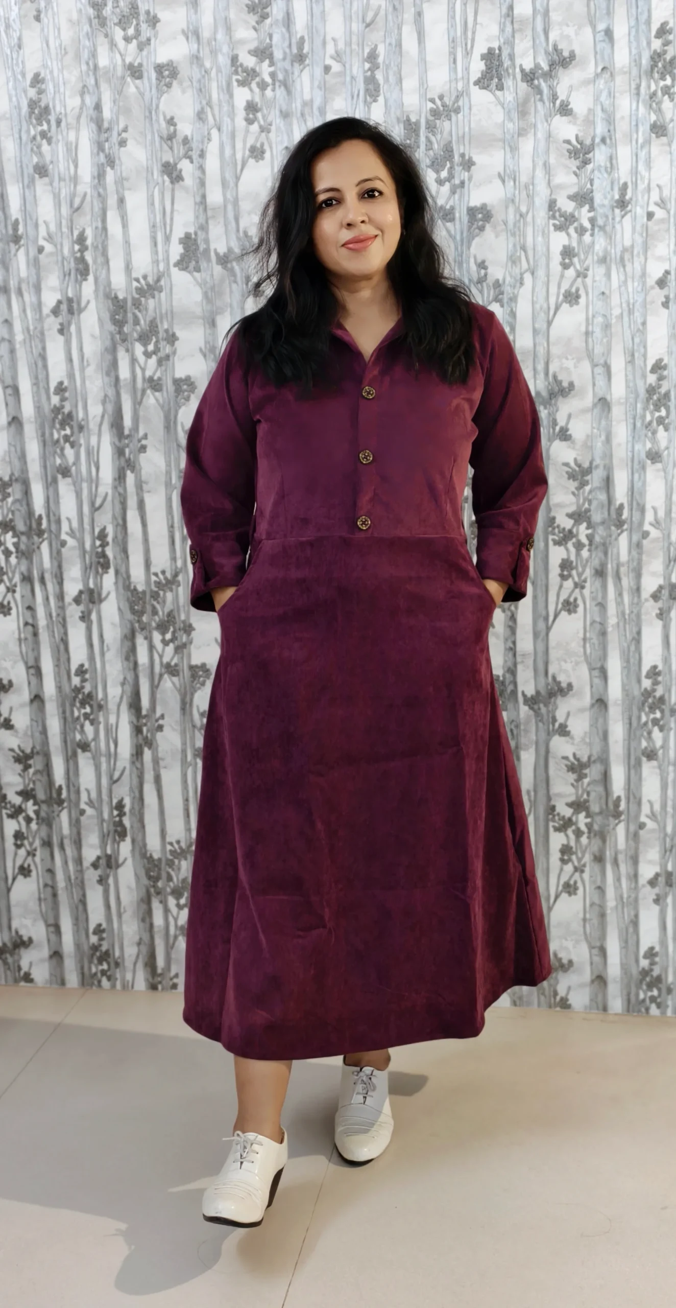 Wine Corduroy Midi Dress – Winter Workwear Essential