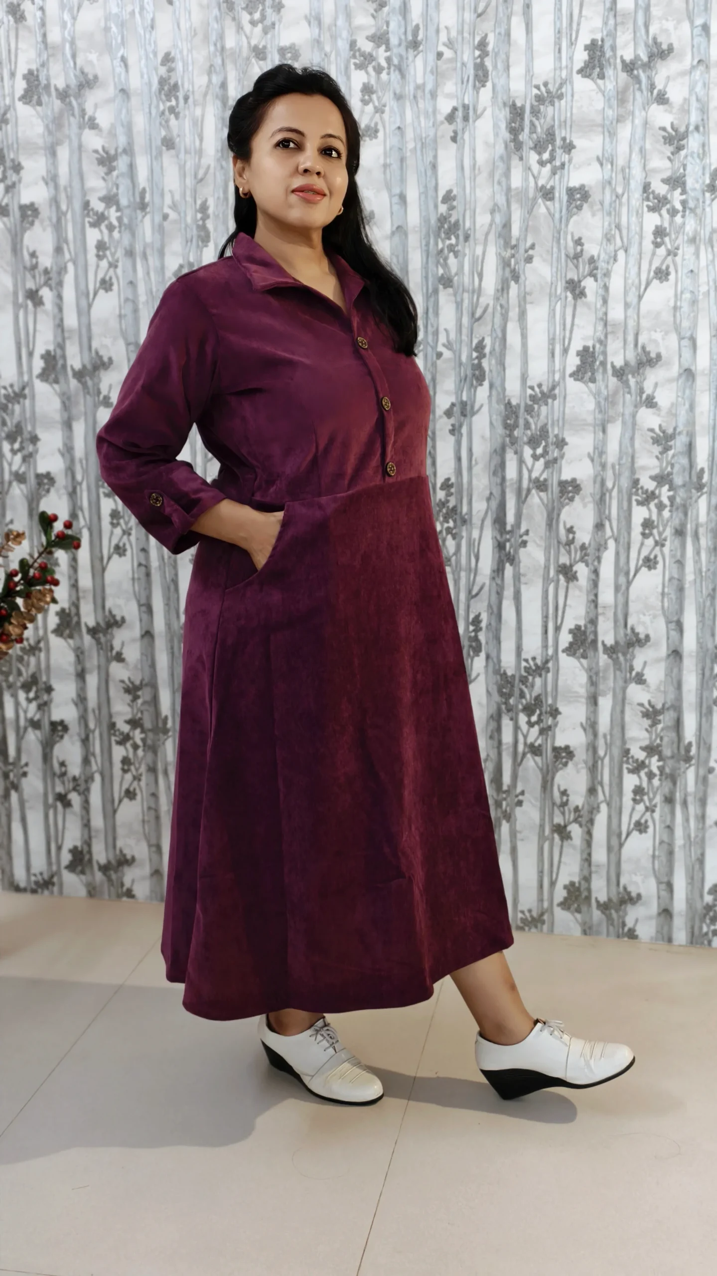 Wine Corduroy Midi Dress – Winter Workwear Essential
