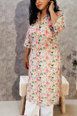 Peach Blossom Hakoba Poly Cotton Kurti-Pant Set