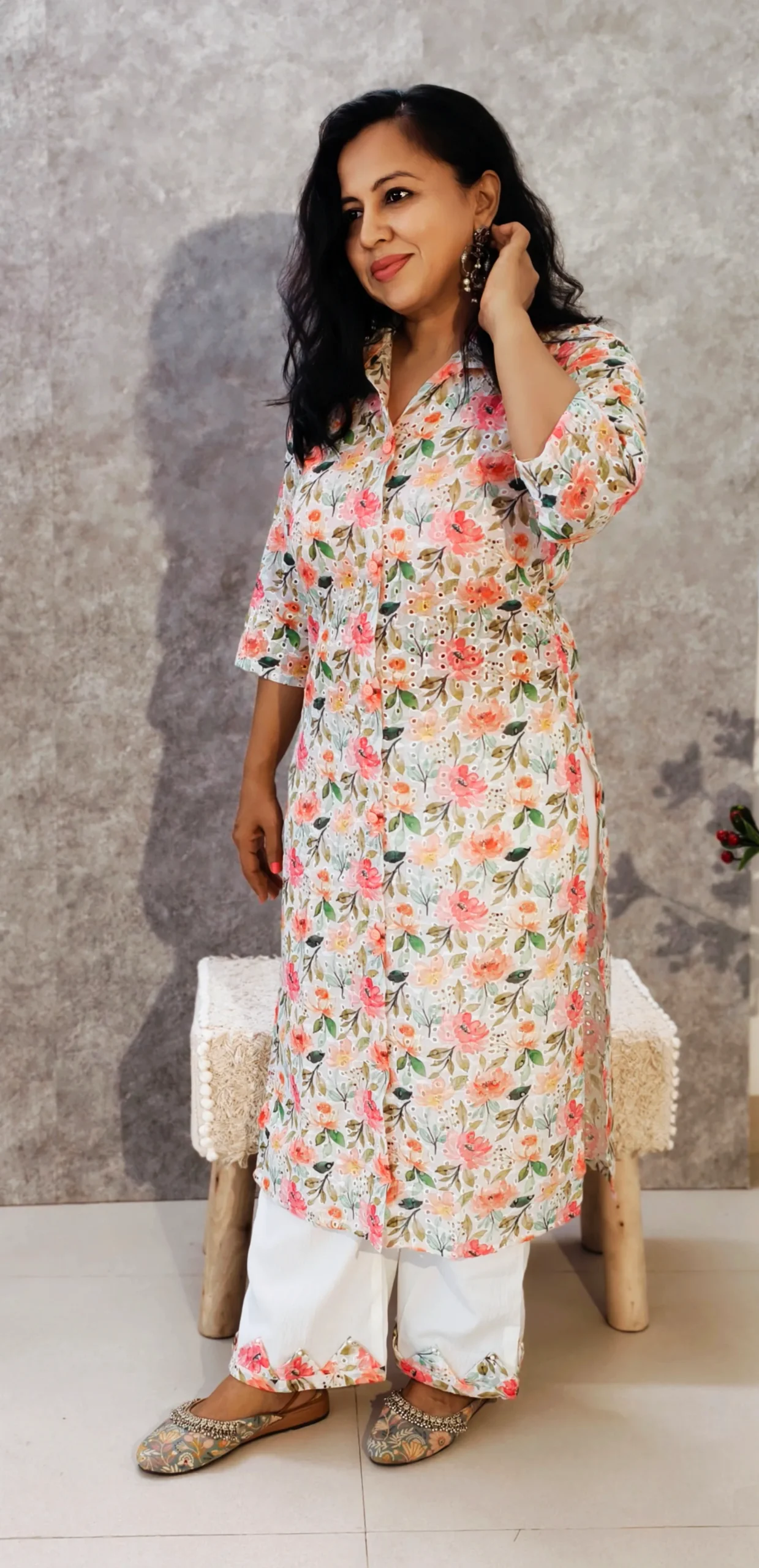 Peach Blossom Hakoba Poly Cotton Kurti-Pant Set