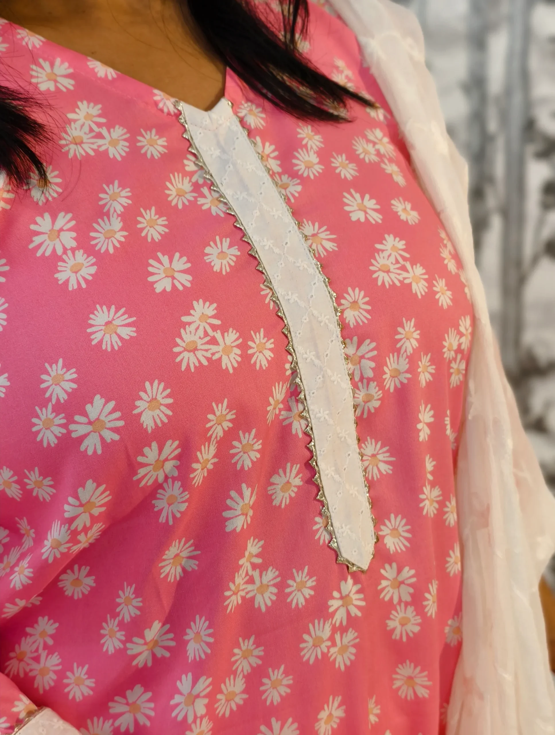 Pink Cotton Rayon Co-ord Set with Embroidered Chiffon Dupatta