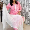 Pink Cotton Rayon Co-ord Set with Embroidered Chiffon Dupatta