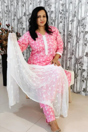 Pink Cotton Rayon Co-ord Set with Embroidered Chiffon Dupatta