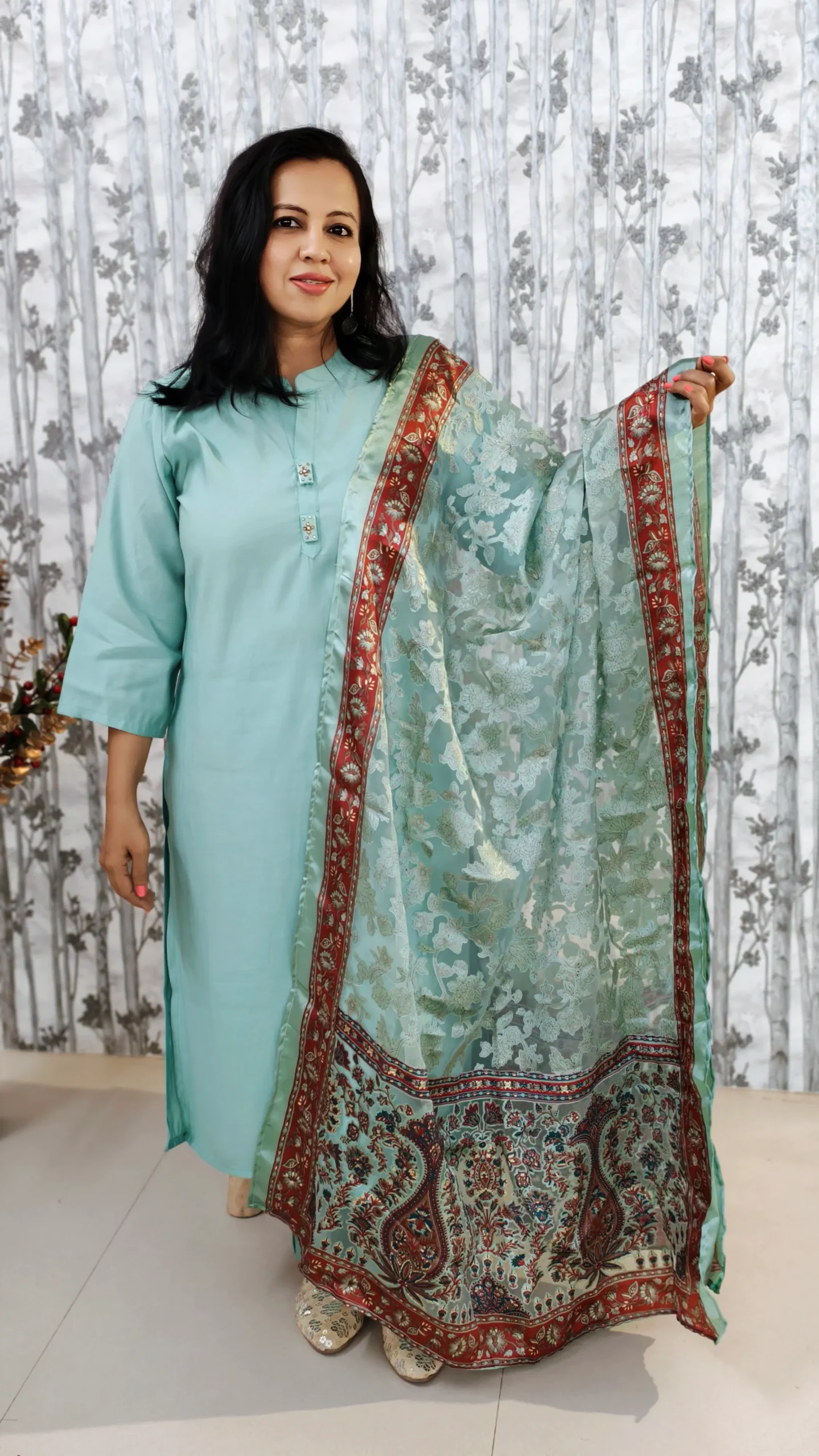 Mint Elegance Poly Cotton Coord Set with Brasso Dupatta