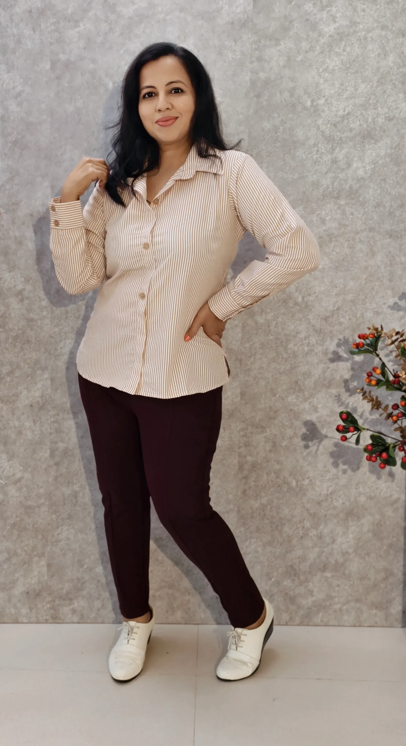 Brown Striped Shirt in Poly Cotton