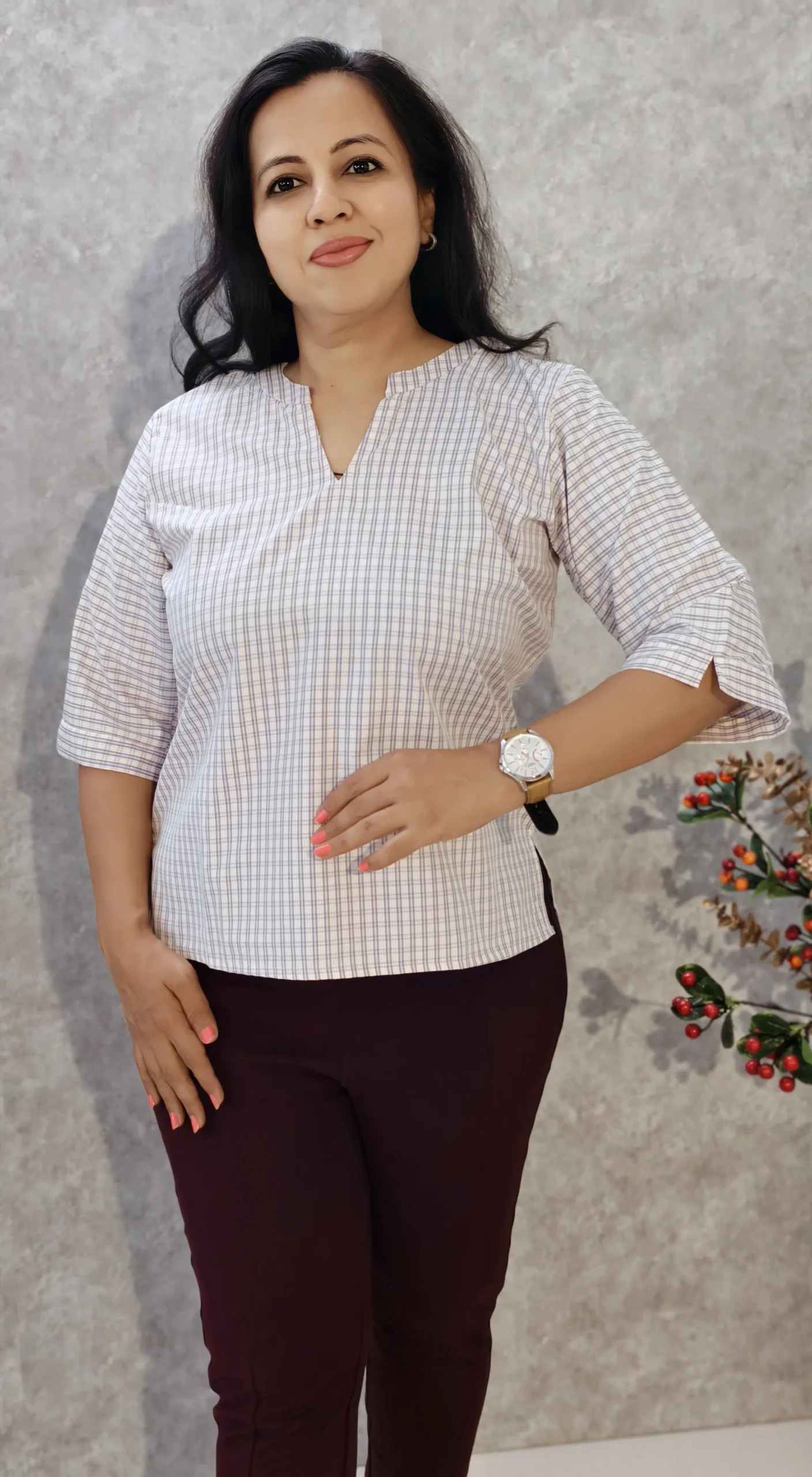 Checkered Poly Cotton Top with Mandarin Collar