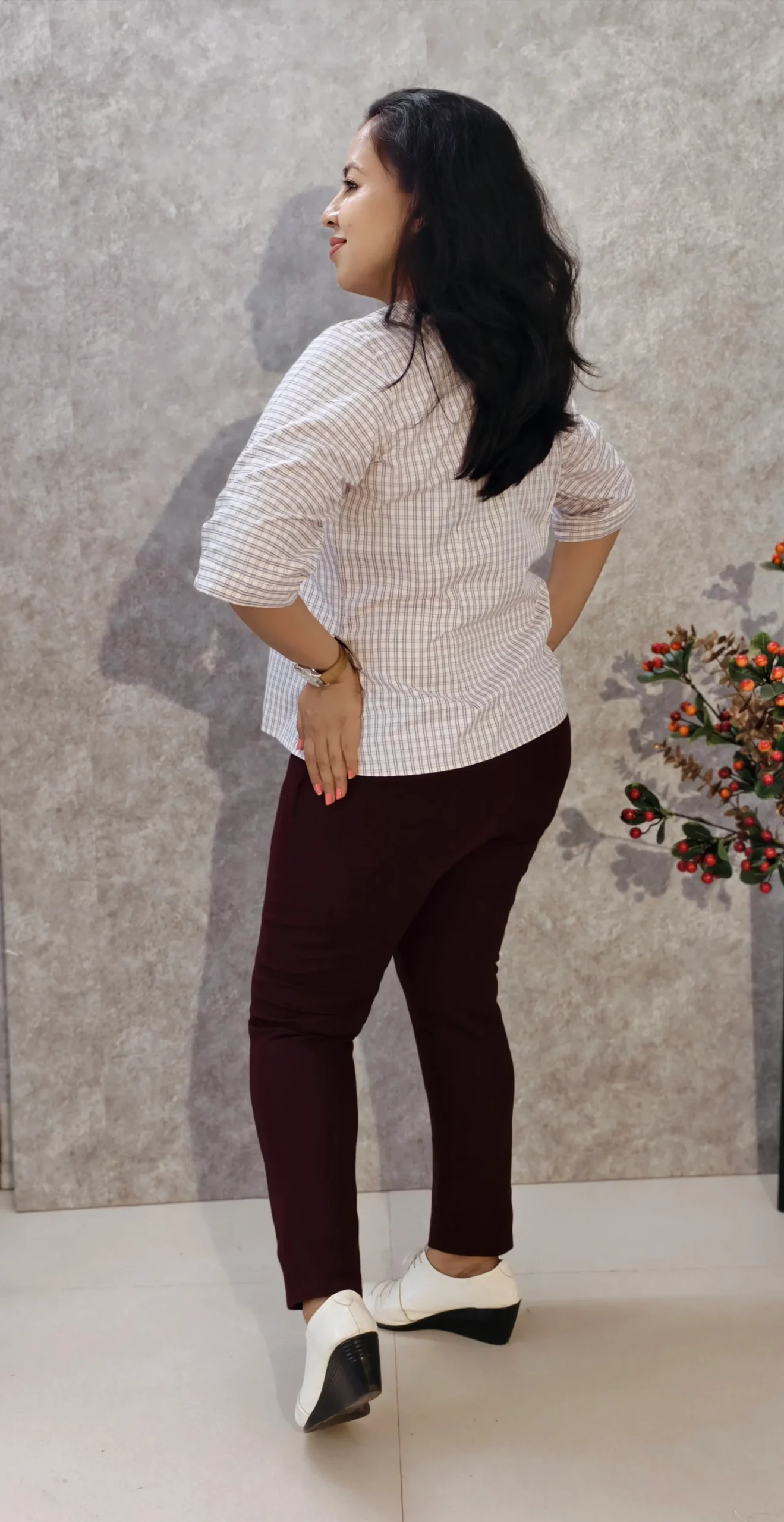 Checkered Poly Cotton Top with Mandarin Collar