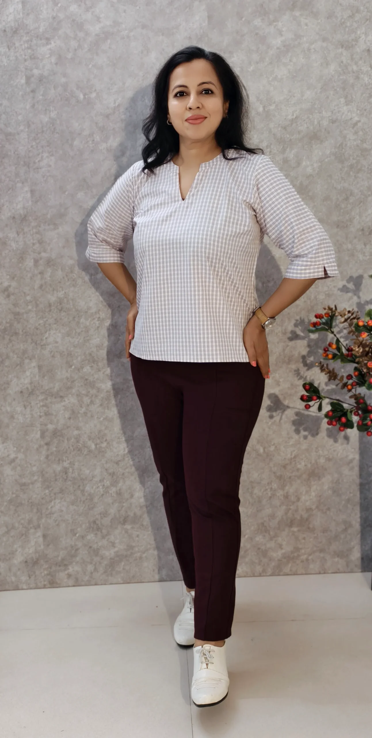 Checkered Poly Cotton Top with Mandarin Collar