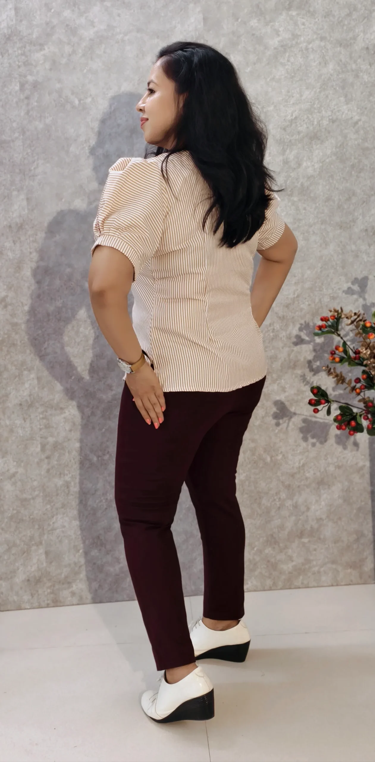 Brown Striped Puff Sleeve Top