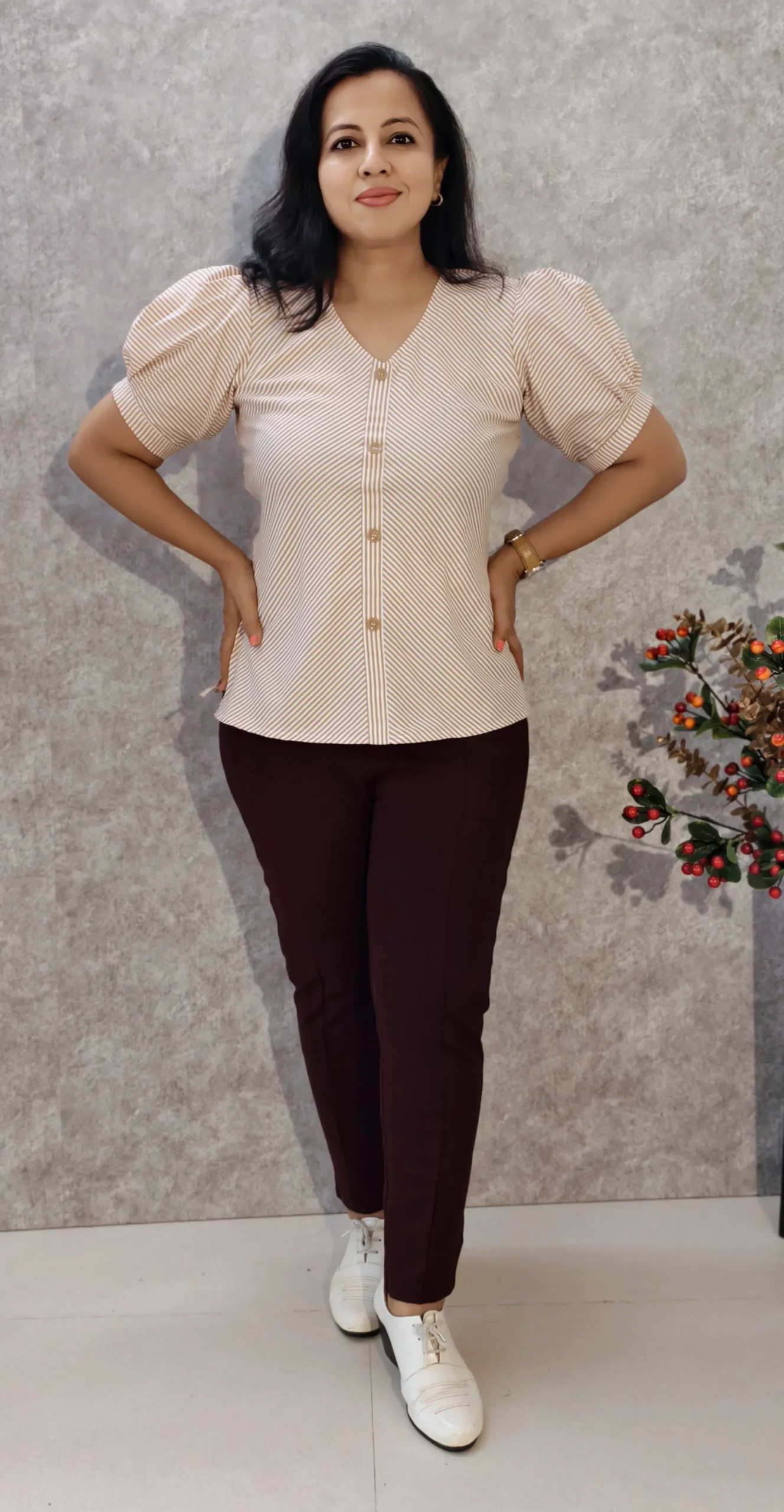 Brown Striped Puff Sleeve Top
