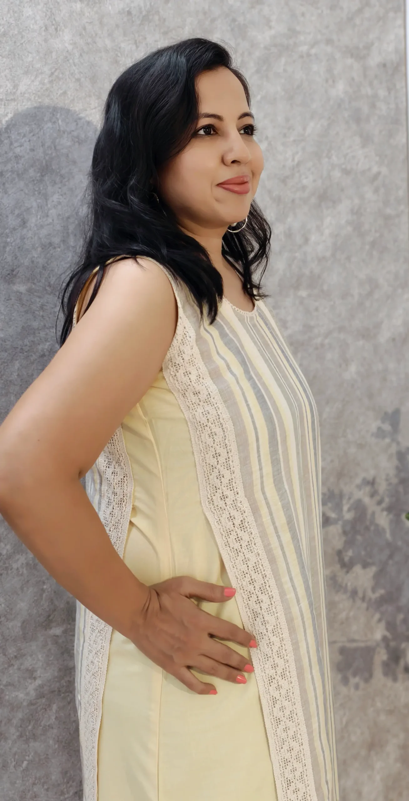 Lemon Beige Panel Kurti with Lace Detailing