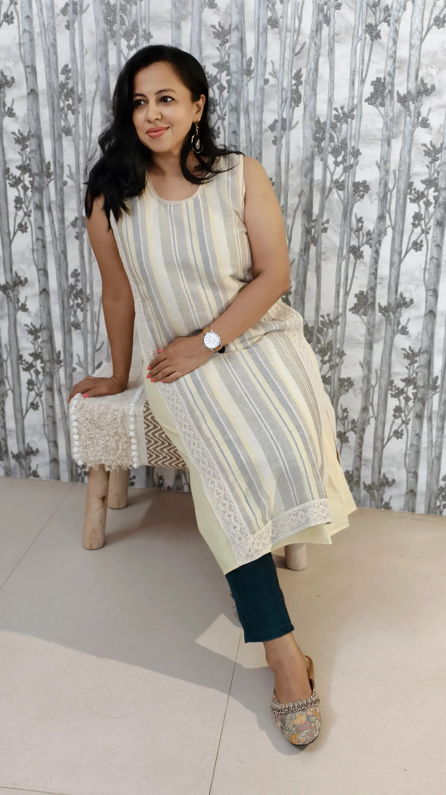 Lemon Beige Panel Kurti with Lace Detailing