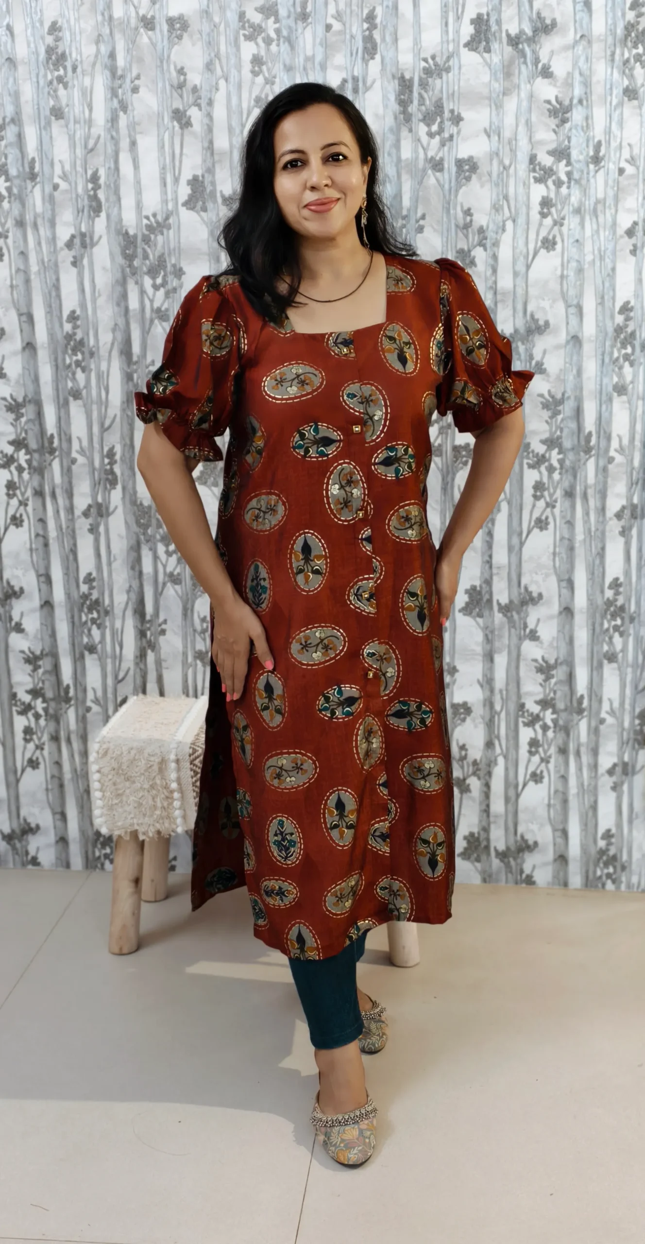 Maroon Rayon Kurti with Puff Sleeves & Ethnic Motifs – Elegant Everyday Wear