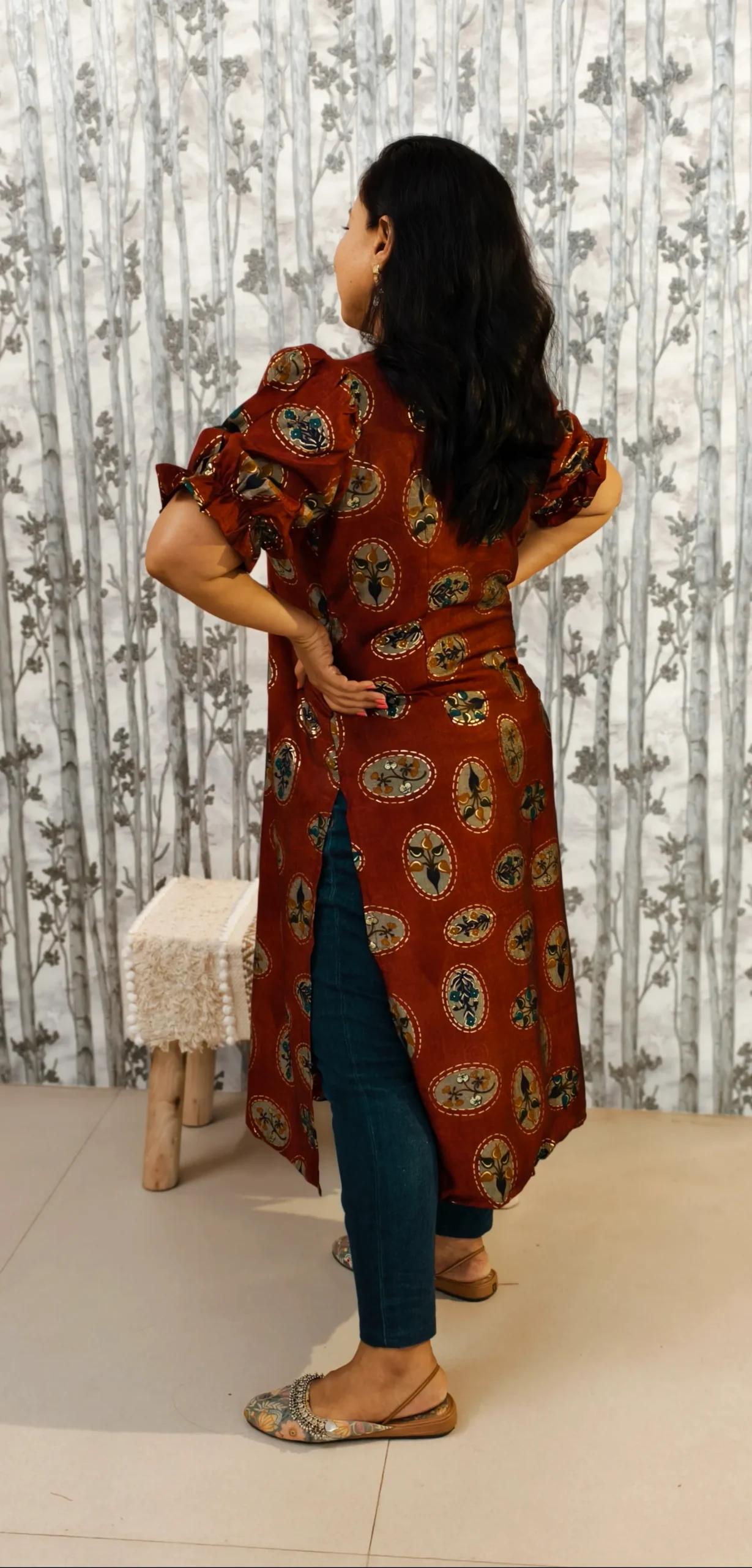Maroon Rayon Kurti with Puff Sleeves & Ethnic Motifs – Elegant Everyday Wear
