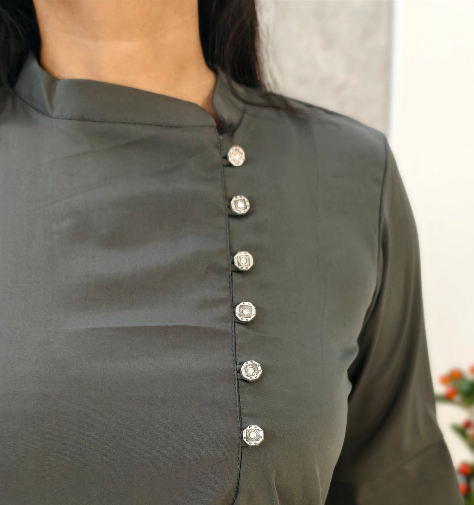Grey Crepe Top with Side Mandarin Collar & Button Closure