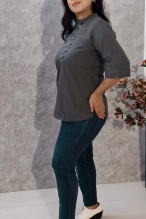 Grey Crepe Top with Side Mandarin Collar & Button Closure