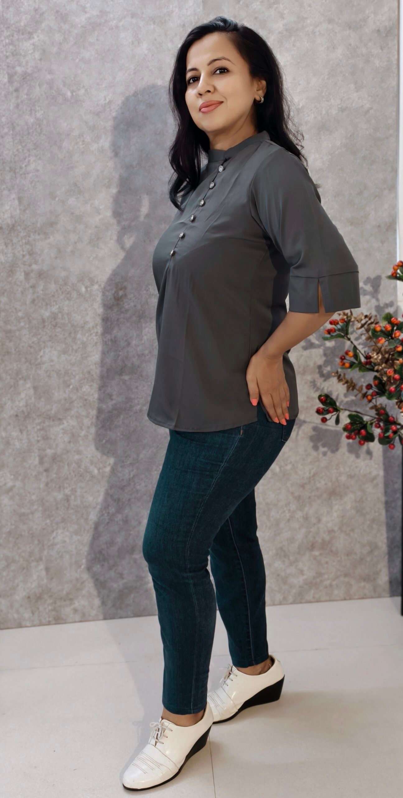 Grey Crepe Top with Side Mandarin Collar & Button Closure