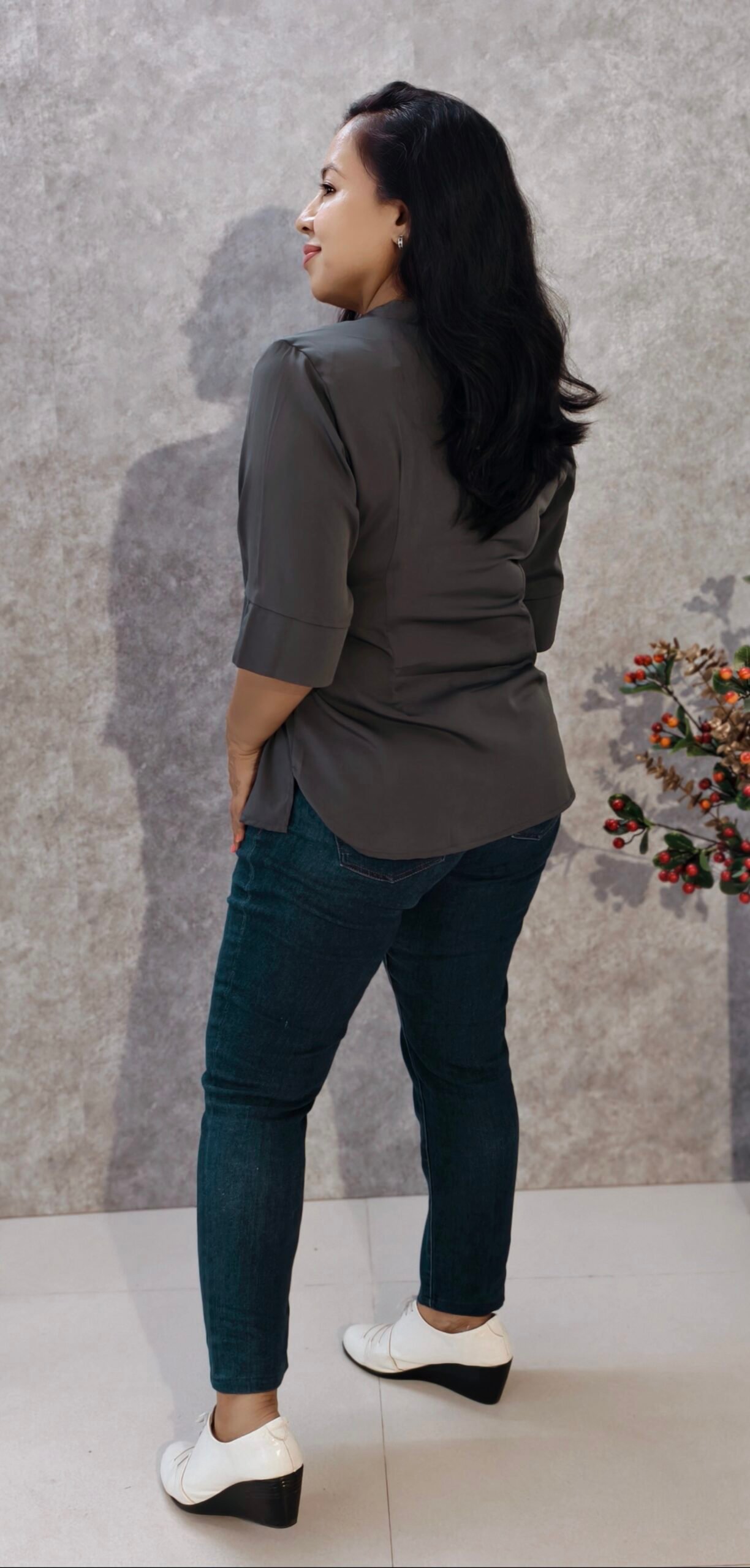 Grey Crepe Top with Side Mandarin Collar & Button Closure