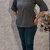Grey Crepe Top with Side Mandarin Collar & Button Closure