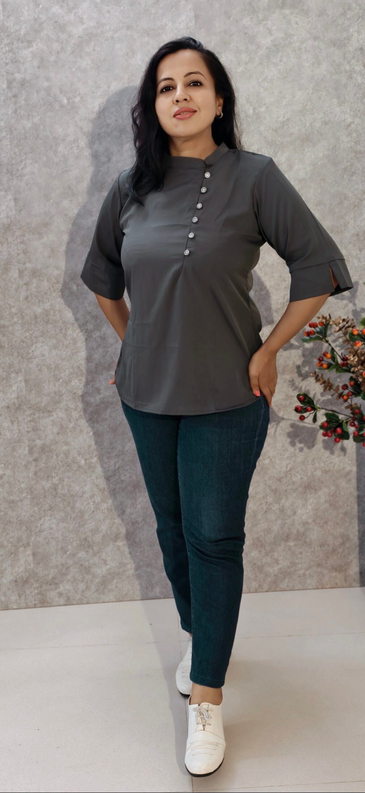 Grey Crepe Top with Side Mandarin Collar & Button Closure