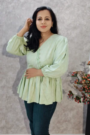 Pastel Green Rayon Peplum Top with Puff Sleeves