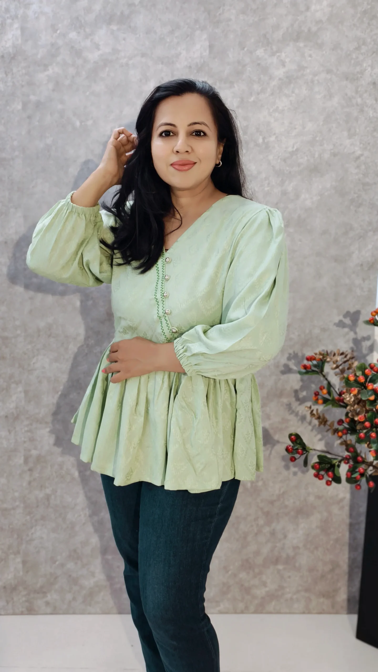 Pastel Green Rayon Peplum Top with Puff Sleeves