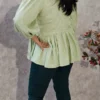 Pastel Green Rayon Peplum Top with Puff Sleeves