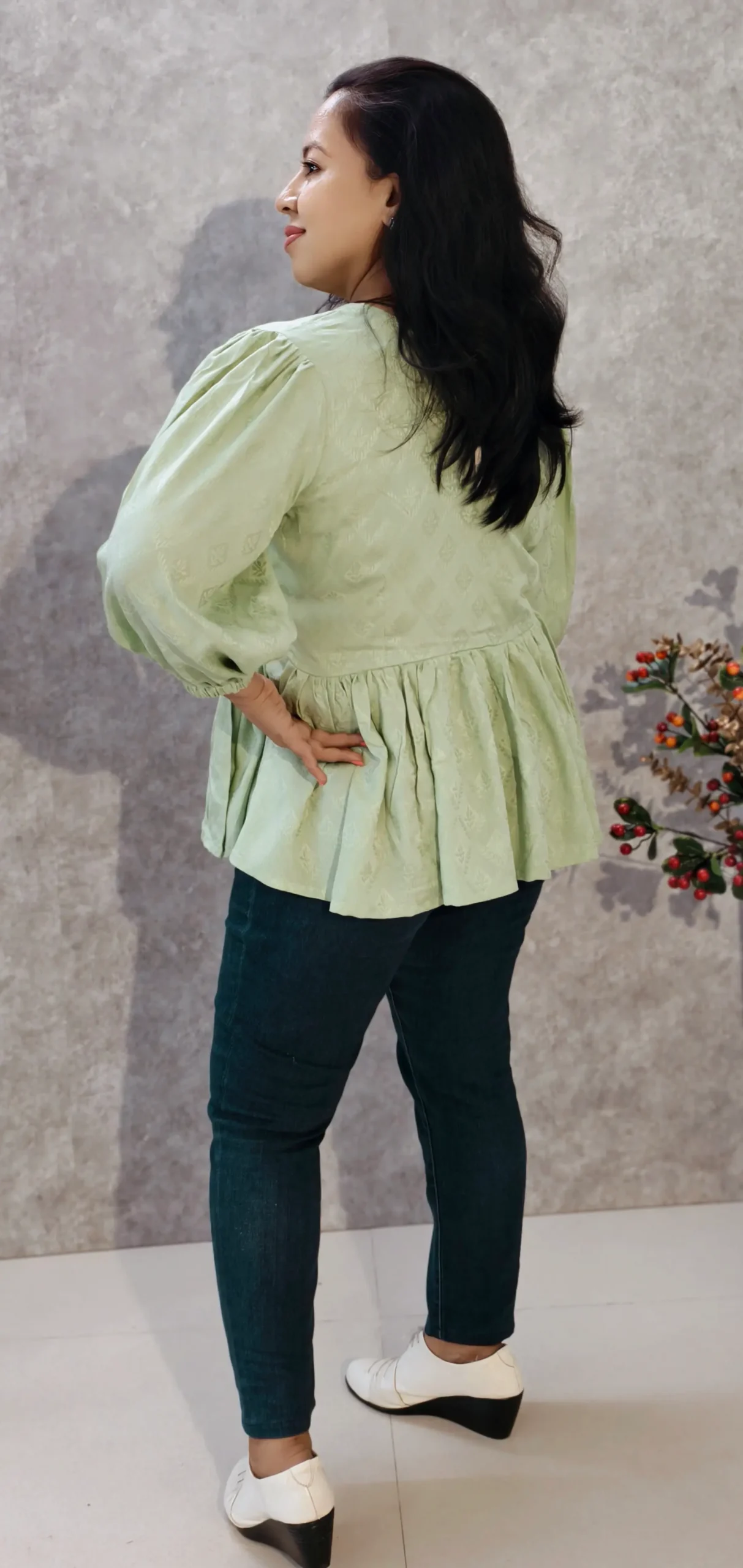 Pastel Green Rayon Peplum Top with Puff Sleeves