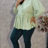 Pastel Green Rayon Peplum Top with Puff Sleeves
