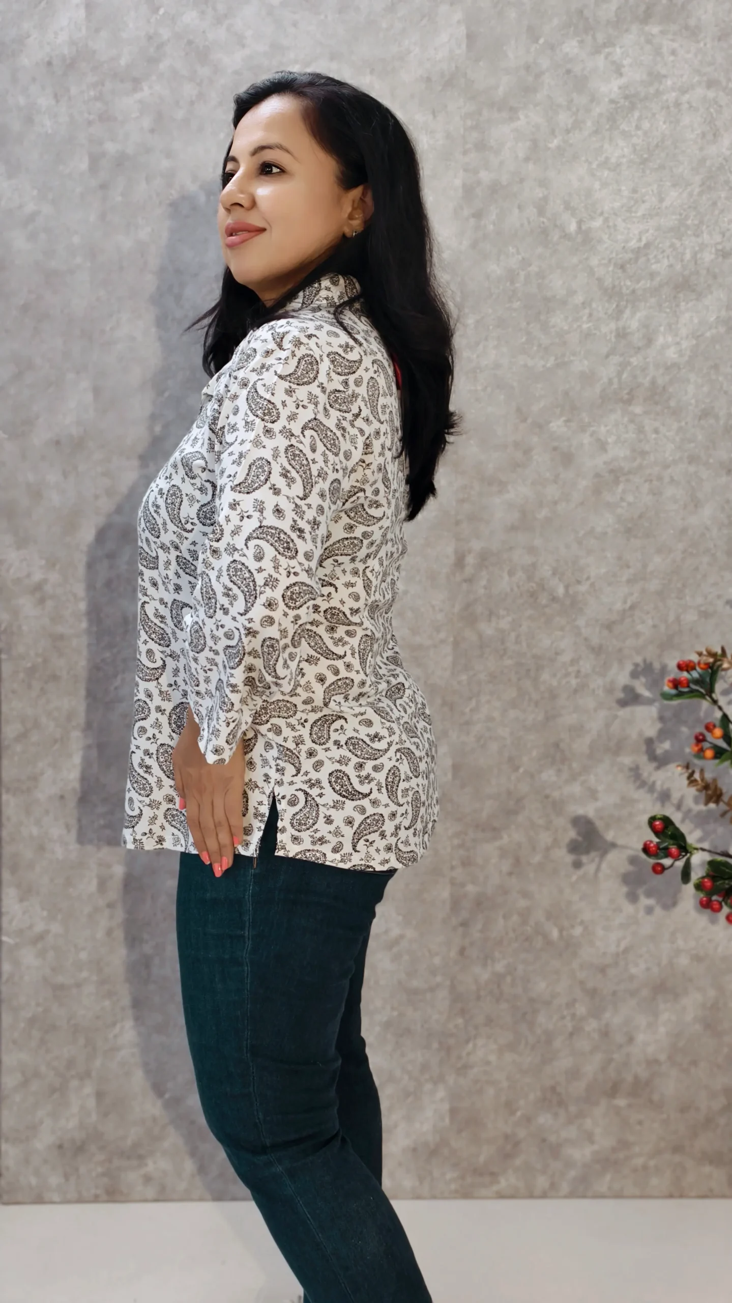 White Paisley Print Shirt Top with Wing Collar