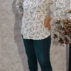 White Paisley Print Shirt Top with Wing Collar