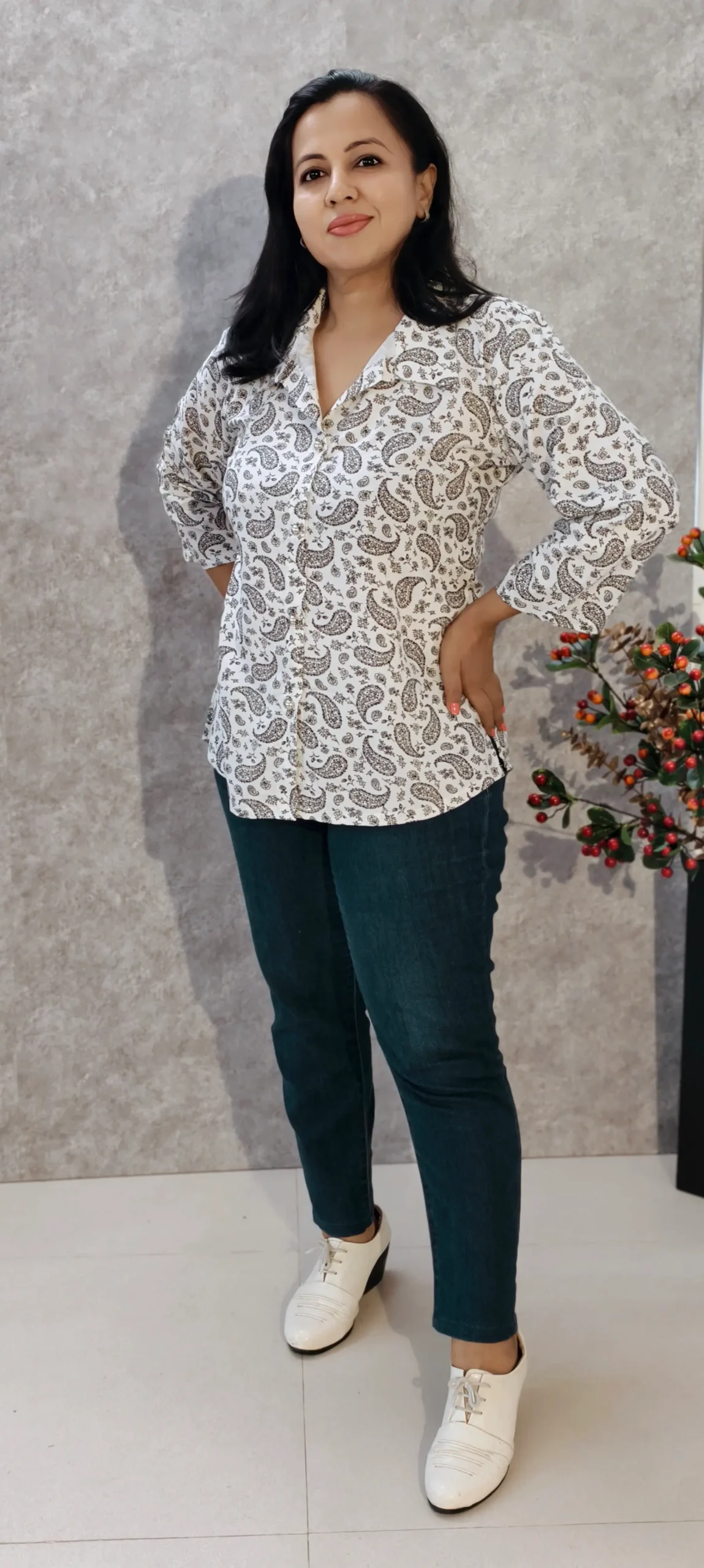 White Paisley Print Shirt Top with Wing Collar
