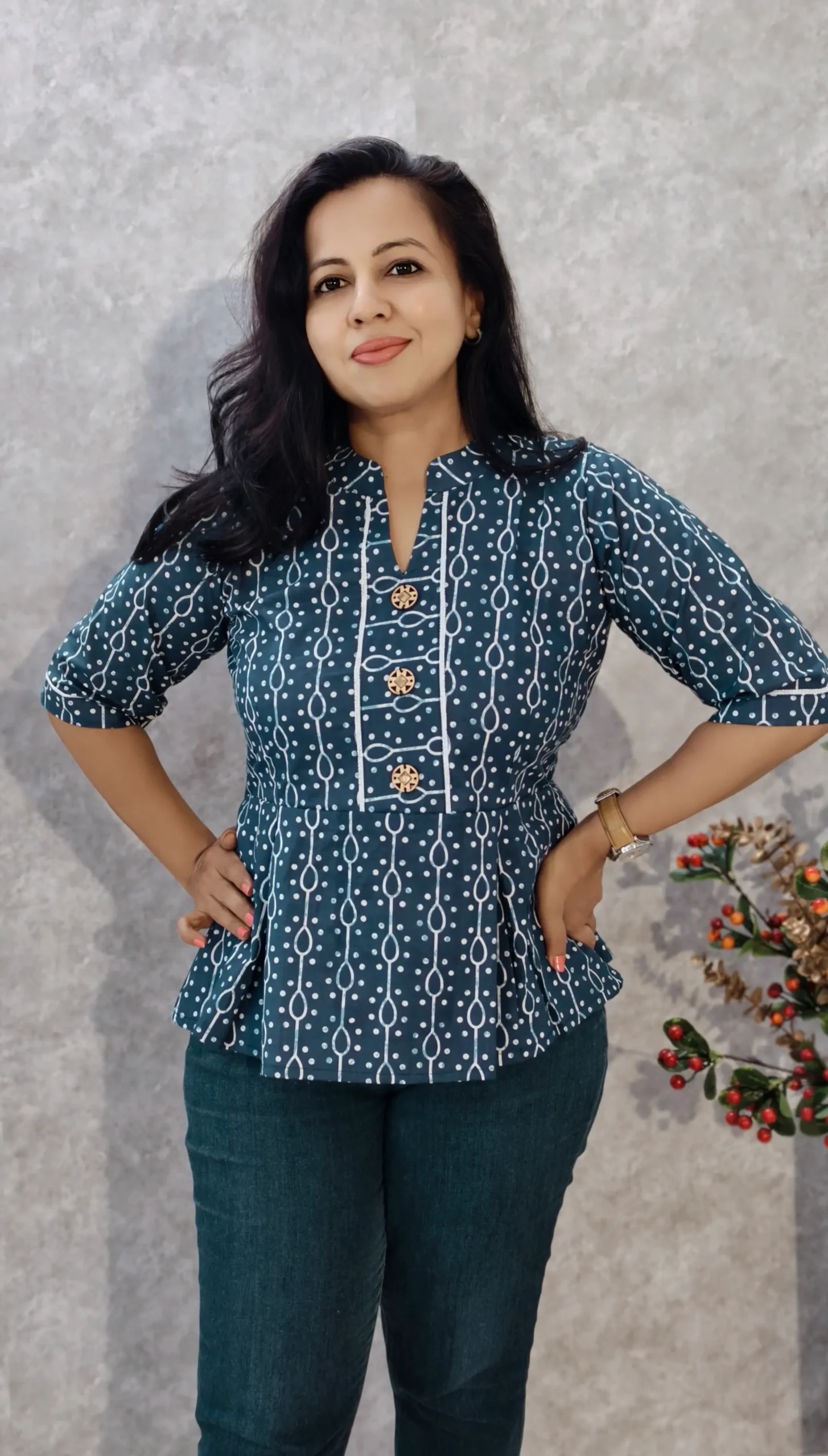 Indigo Printed Peplum Top
