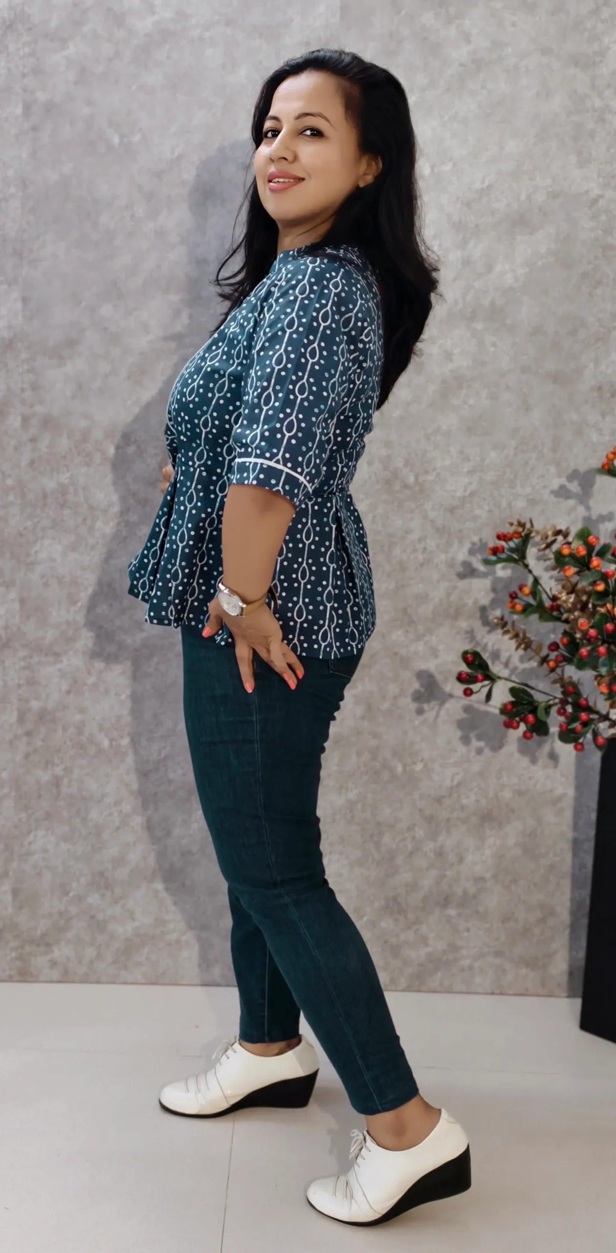Indigo Printed Peplum Top