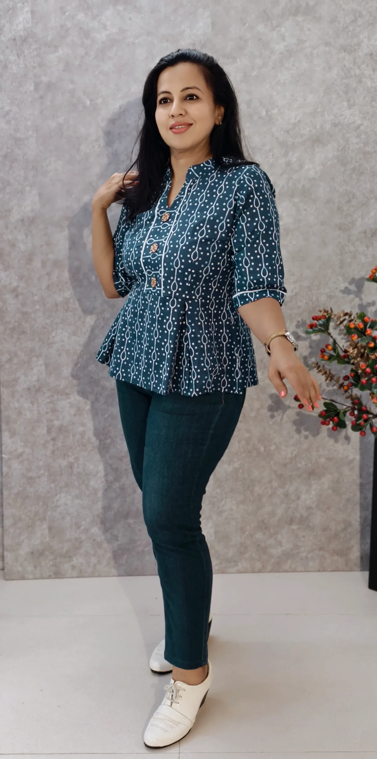 Indigo Printed Peplum Top