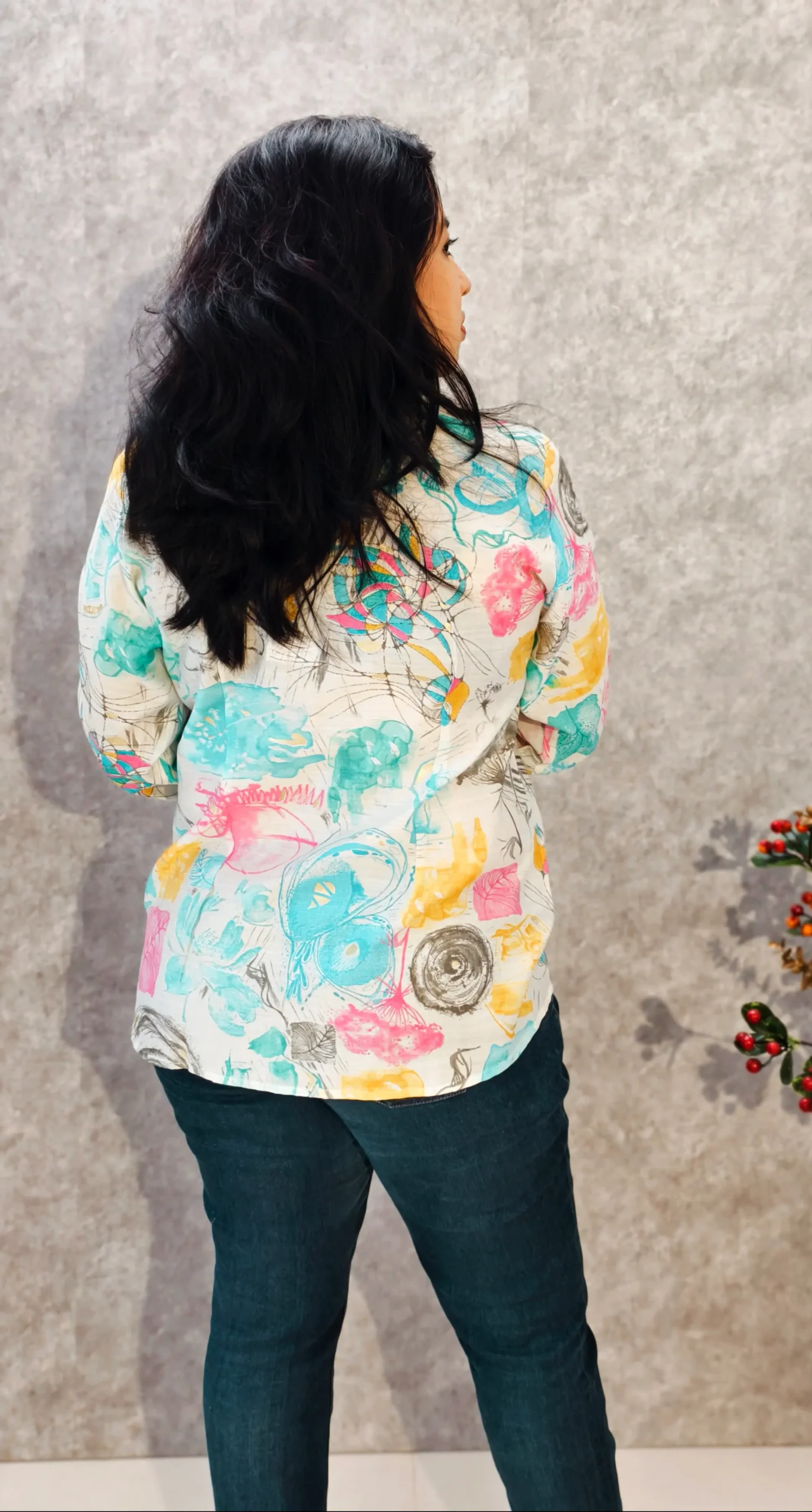 White Linen Shirt with Multicolor Digital Print