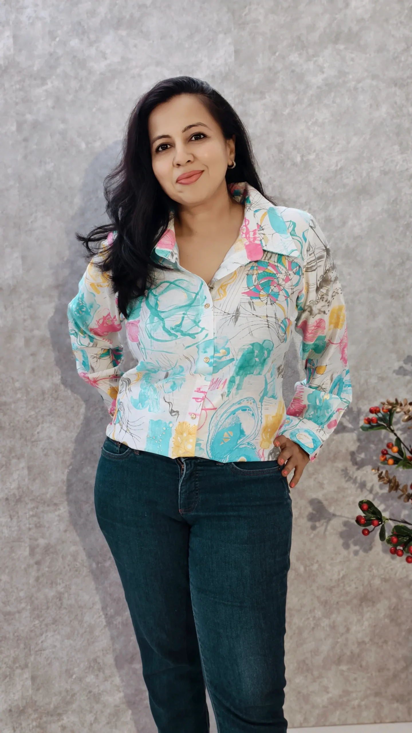 White Linen Shirt with Multicolor Digital Print